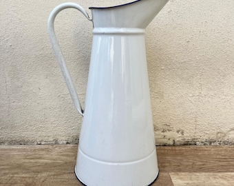 Jarra de agua antigua francesa de esmalte blanco con borde azul, 37 cm, 1512245