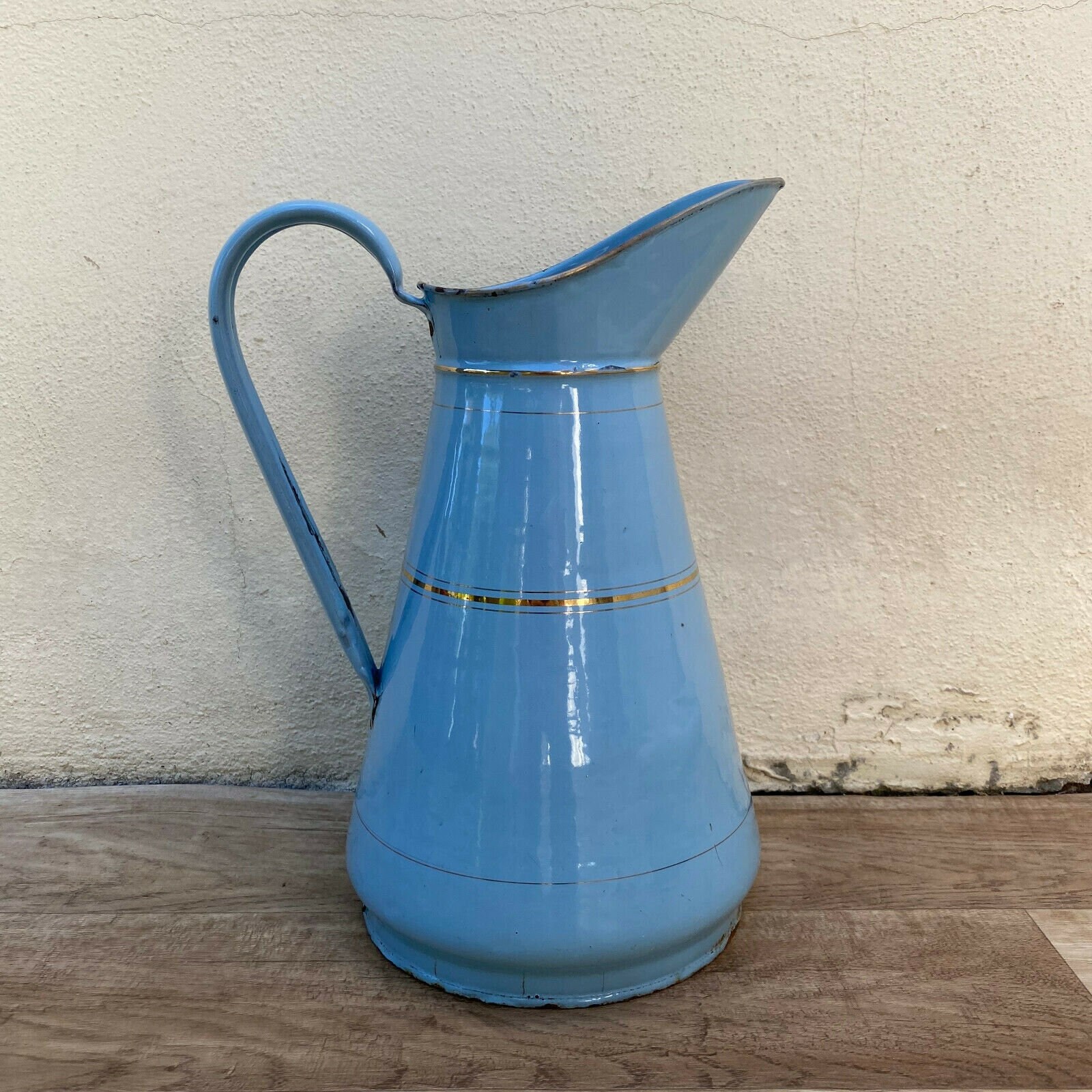 Pichet Vintage Français Émail Pichet Eau Émaillé Bleu et Or 0707204