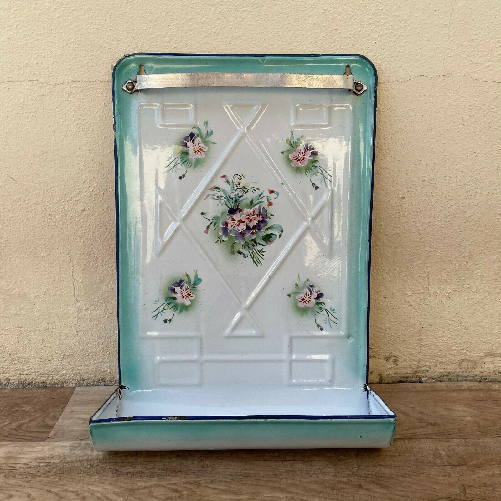 Émail Vintage Rare Bleu Vert Émail Ustensile Émaillé Fleur 18042121