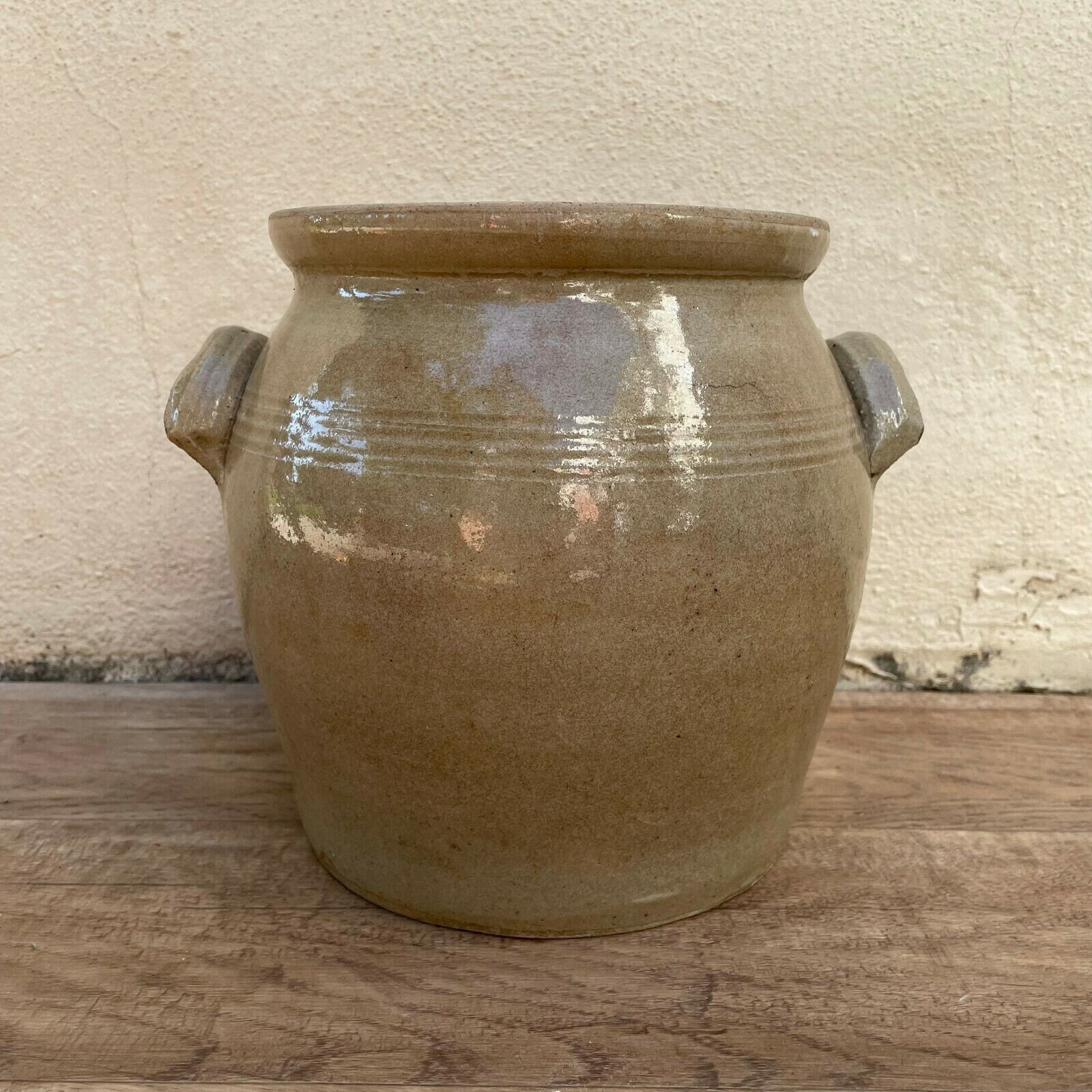 Pot Ancien Beige Émaillé Fait à La Main Français Confit Grand Grès 7 3/4 0109217