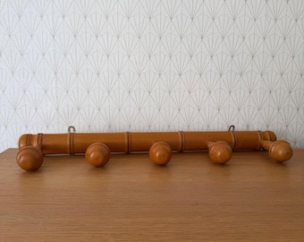 French Bamboo Coat Rack Vintage Wooden Wall Hook 5 Pegs Hanger 1506269