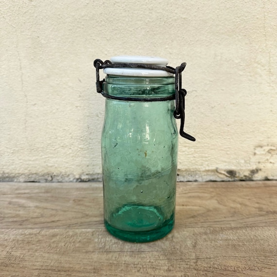 Bocal à Conserves Ancien L'Idéale – Verre Vert 1L – Vintage – Traces D'Usage