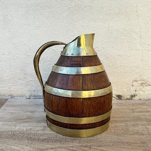 Vintage French Wooden Wine Cider Jug Pitcher Staved Wood Metal 6 3/4&quot; 0405249