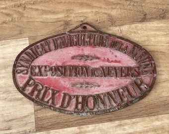 French Agricultural Award Plaque Vintage Prize Sign Trophy Metal 1103256