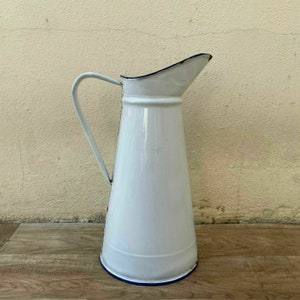 Vintage French Enamel pitcher jug water enameled white 18042125
