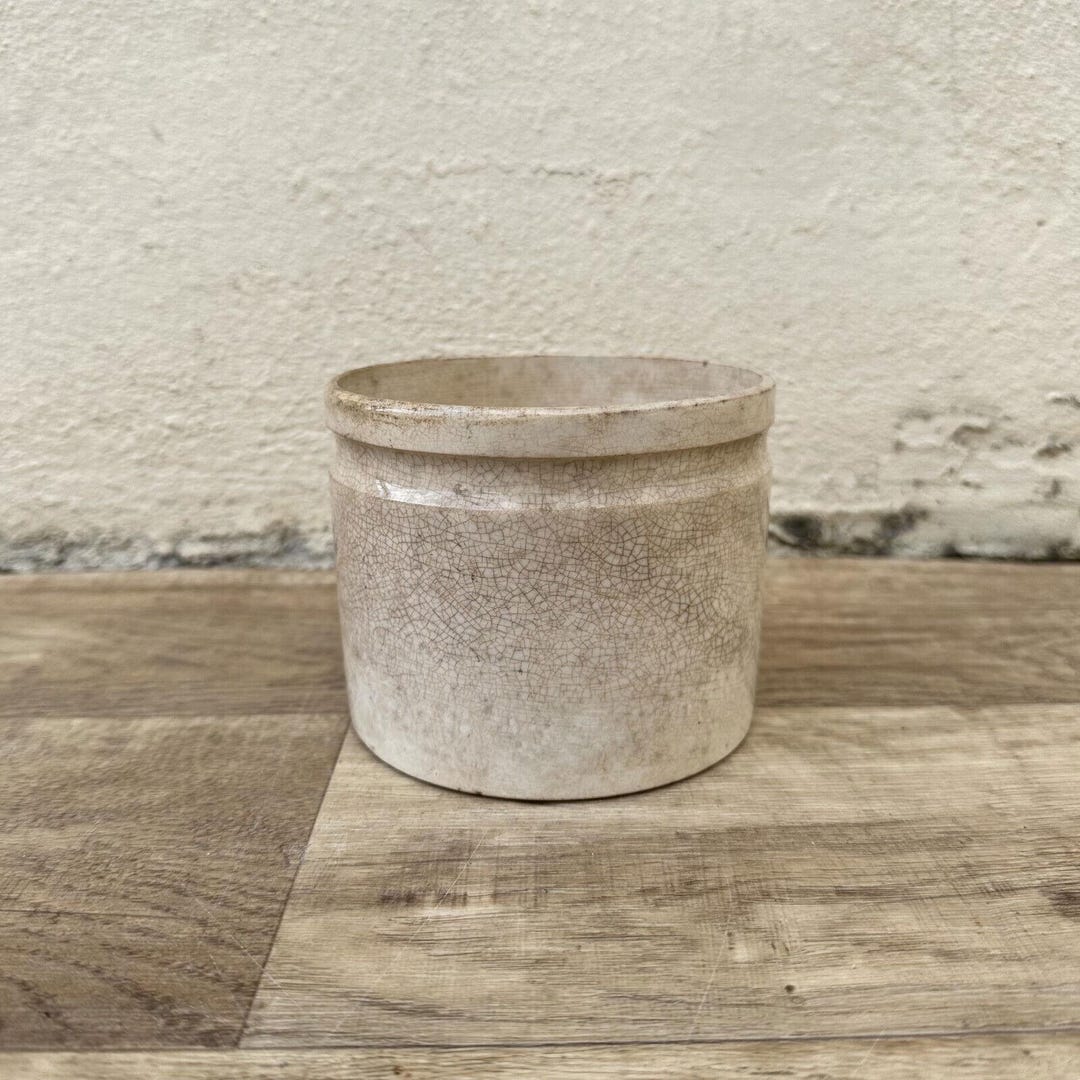 Handmade Glazed White Beige French Confit Jam Pot Small Creil