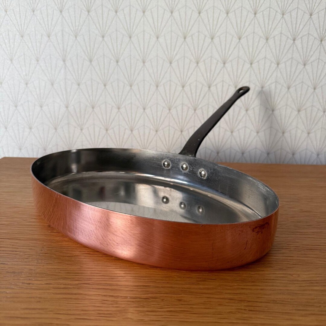 銅製楕円形フライパン Made in France約30cm x 20cm フランス製銅製調理器具 魚用フライパン 真鍮製楕円形 フランス製