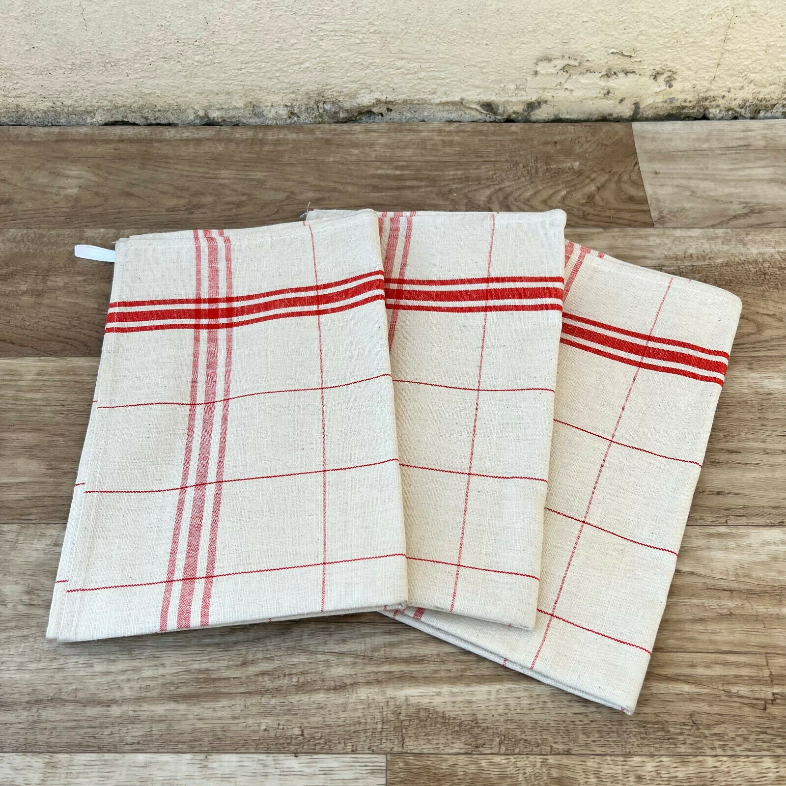 Vintage Rustique Français Lin Red Stripe Tea Towel Torchon Set de 3 25022214