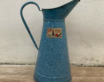 Vintage french enamel pitcher jug water enameled blue with tag 1406196