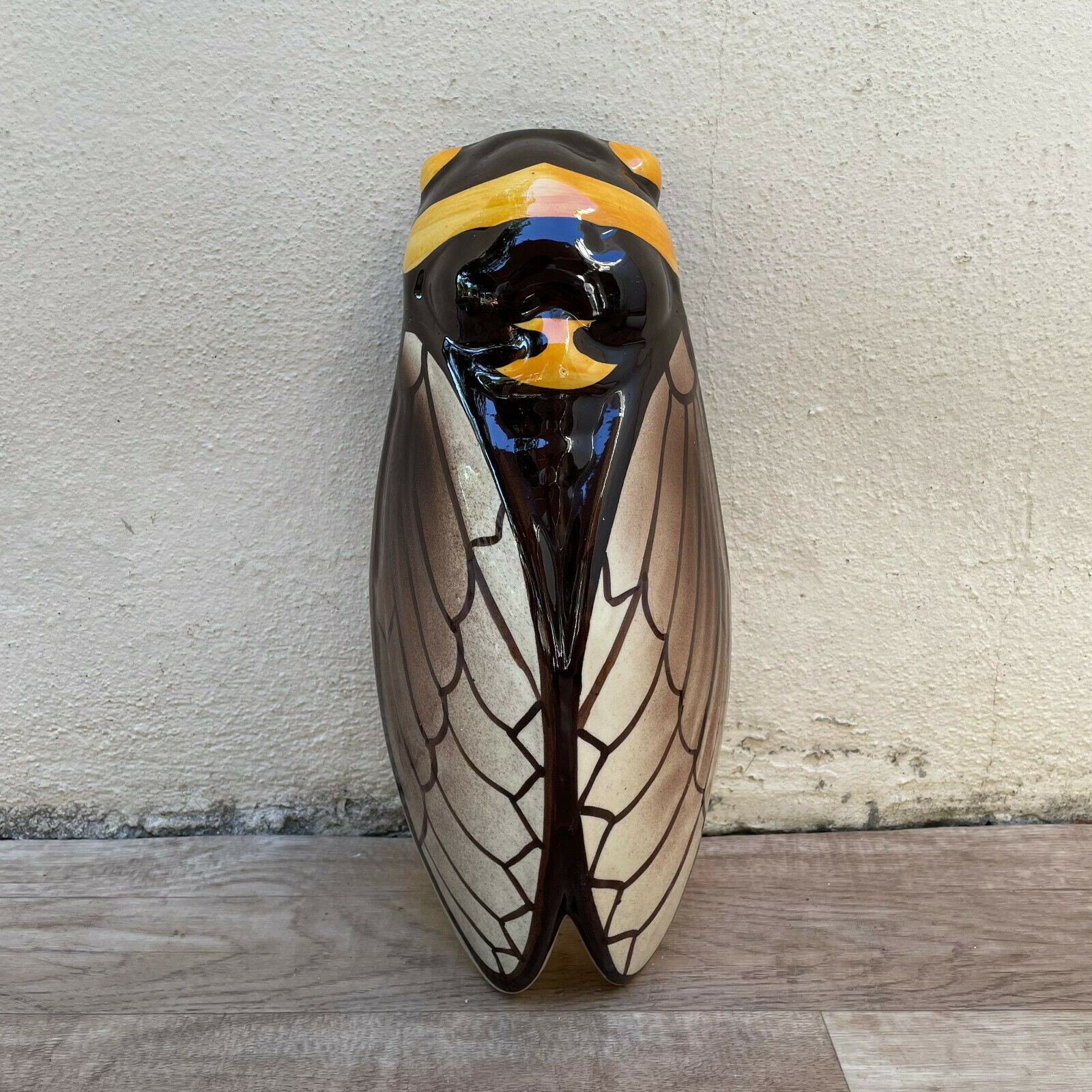 Vintage Français Majolica Cicada Vase de Poche Mural Grande Forme 13 1/2 24022210