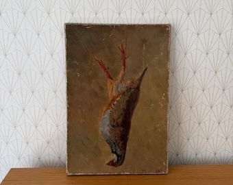 Antique French Still Life Oil Painting Dead Bird Canvas Signed 2604262