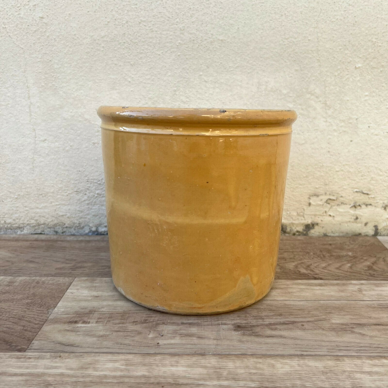 Pot en Terre Ancienne Français Confite Jaune Glacé Fait à La Main Grande Cuite 6 1/2 2502229