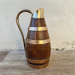 Vintage French Wooden Wine Cider Jug Pitcher Staved Wood Metal 9 1/2&quot; 0405246