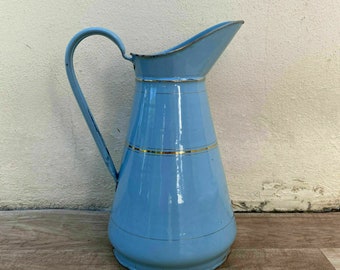 Vintage French Enamel pitcher jug water enameled blue and gold 0707204