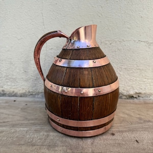 Vintage French Wooden Wine Cider Jug Pitcher Staved Wood Metal 7&quot; 12062418