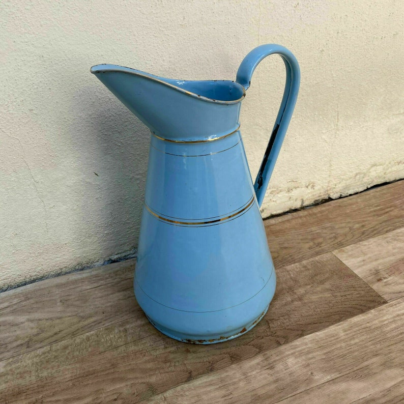 Vintage French Enamel Pitcher Jug Water Enameled Blue and Gold Etsy