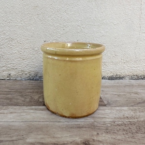 Peut inclure: Un pot en céramique jaune avec une finition émaillée. Le pot a une forme arrondie et un bord légèrement évasé.