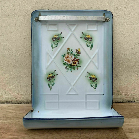 Vintage French Enamel Utensil Holder Blue Floral Wall Rack Kitchen