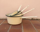 Vintage French Enamelware green yellow Enamel Coffee Pot Copper Enameled Enamel