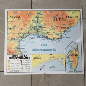 Vintage fransk pedagogisk kartposter geografi skola 90 x 75 cm 20082631