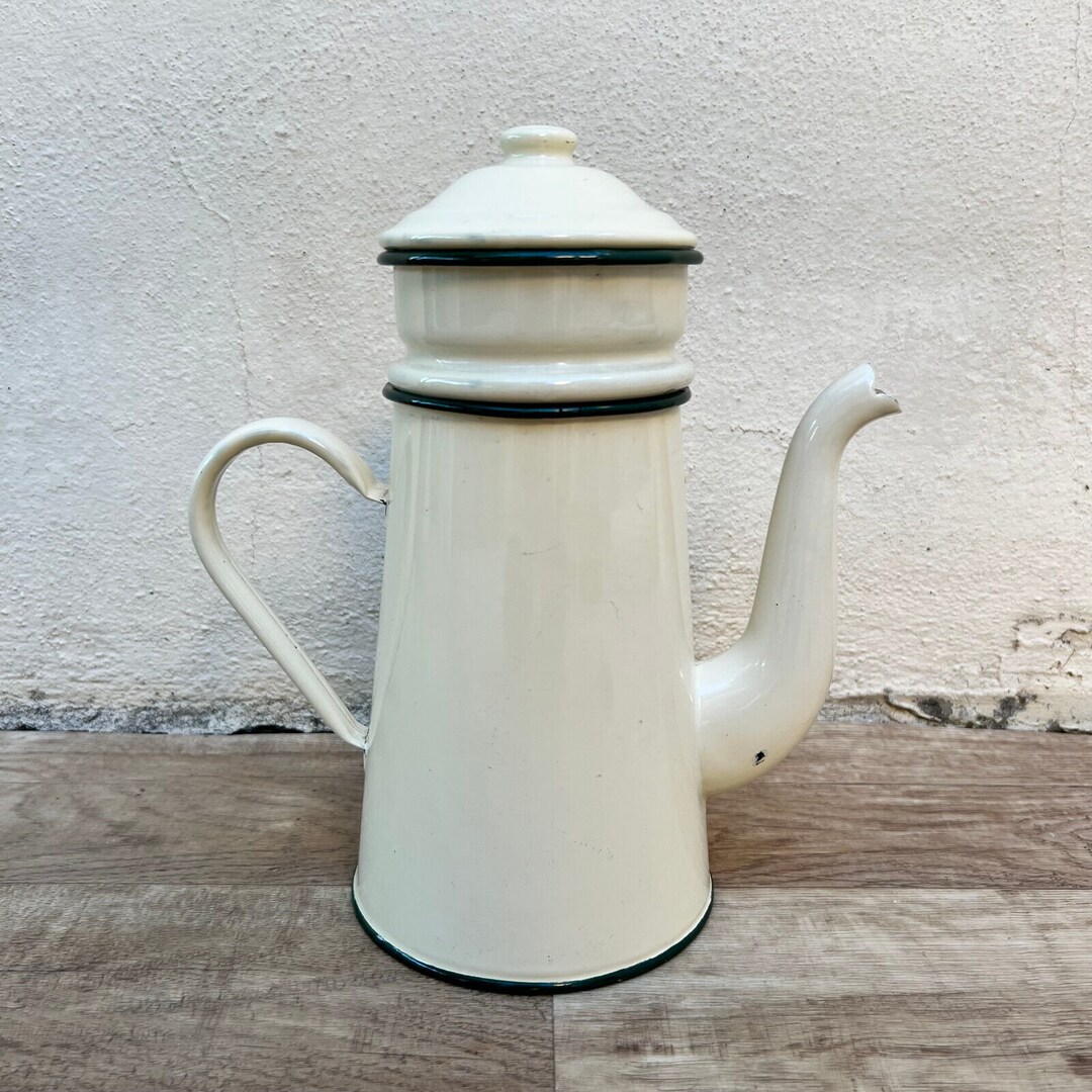 Vintage Marbled French Enamelware Red White Enamel Coffee Pot 0610226