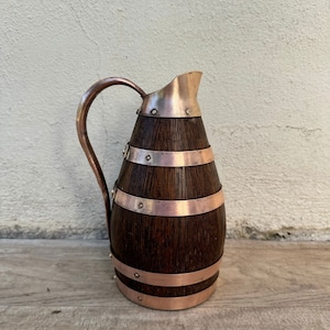 Vintage French Wooden Wine Cider Jug Pitcher Staved Wood Metal 7 3/4&quot; 12062417