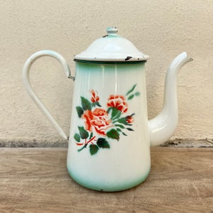 Vintage French Enamelware enameled flowers white Enamel Coffee Pot 26052216