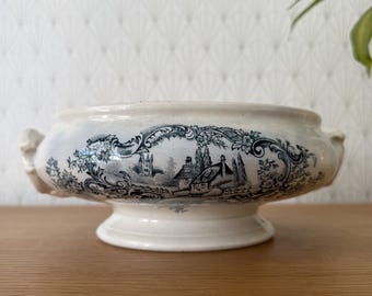 French Transferware Tureen Blue White Terre de Fer Brigny Vintage 0405254