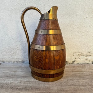 Vintage French Wooden Wine Cider Jug Pitcher Staved Wood Metal 9 3/4&quot; 0405244