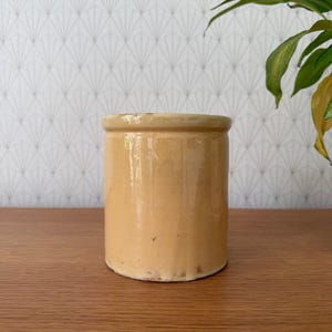 May include: A cylindrical, antique, tan-colored ceramic jar with a slightly uneven rim. The jar has a smooth, glossy finish and sits on a wooden surface. The background features a patterned wallpaper and a glimpse of a green plant.