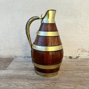 Vintage French Wooden Wine Cider Jug Pitcher Staved Wood Metal 9 1/4&quot; 04052410