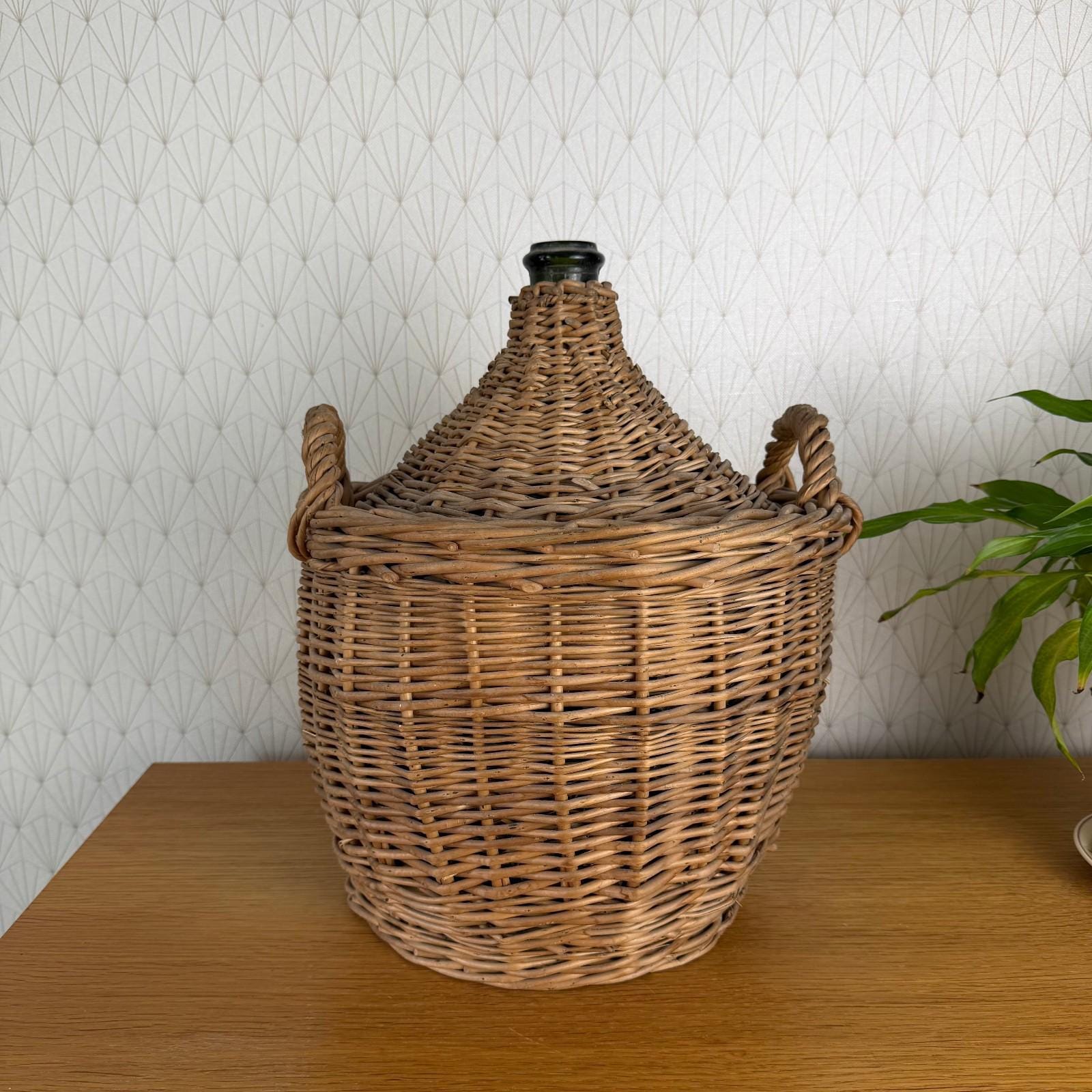 French Dame Jeanne Vintage Demijohn Green Glass Wicker Basket