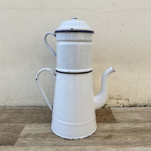 RARE Vintage French Enamelware white Enamel Coffee Pot big 1302233
