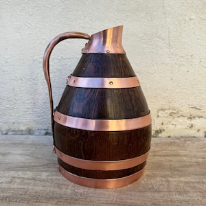 Vintage French Wooden Wine Cider Jug Pitcher Staved Wood Metal 7&quot; 0405243