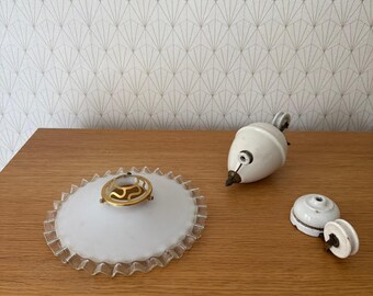 French Art Deco Pendant Light Opaline Glass Porcelain Vintage 2708252