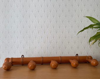 Perchero de bambú francés, gancho de pared de madera vintage con 5 ganchos, colgador 03072510