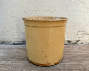 May include: A yellow ceramic planter with a slightly textured surface. The planter has a rounded shape and a slightly flared rim.
