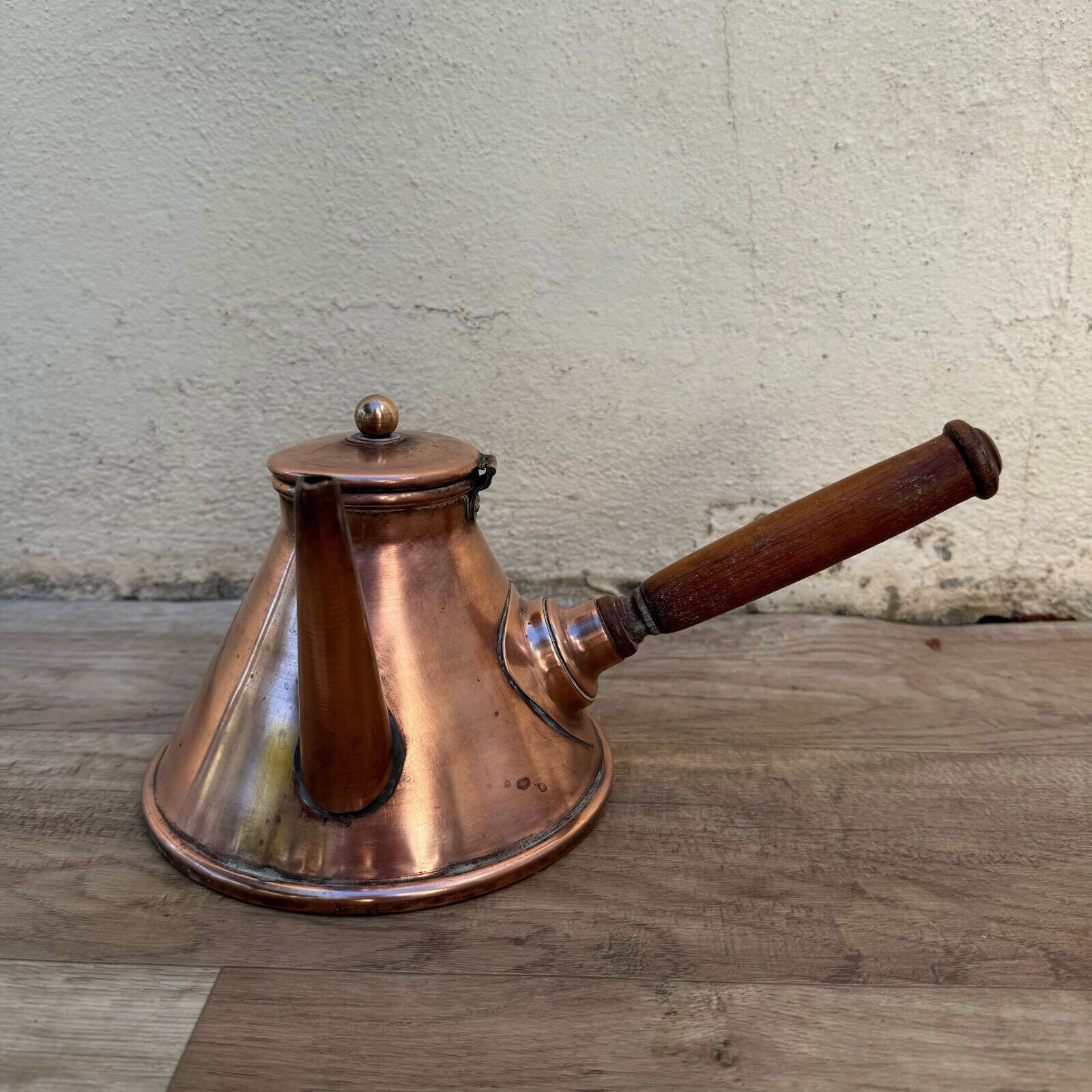 Vintage French Copper Chocolate Pot Wooden Handle Villedieu 