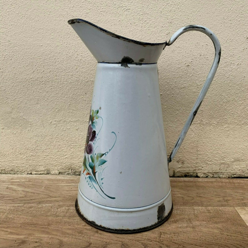 Vintage French Enamel Pitcher Jug Water Enameled White Flowers Etsy