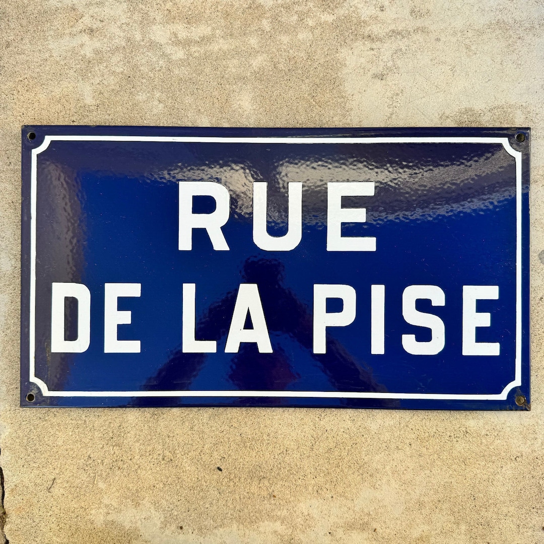 フランスの道路標識 Rue De La Pise ヴィンテージ エナメル製 青白