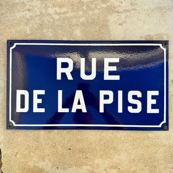 フランスの道路標識 Rue De La Pise ヴィンテージ エナメル製 青白