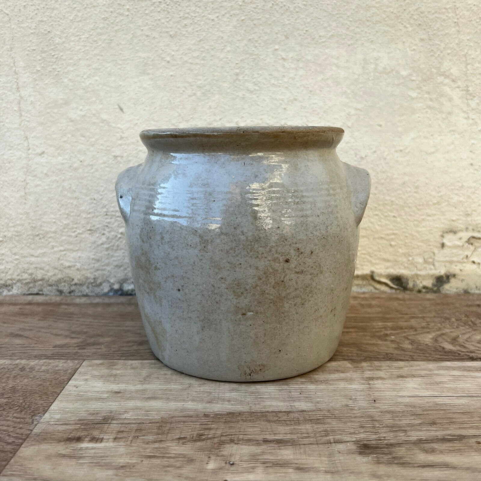 Pot en Grès Vintage Français Confit Pot 25022211 Fait Main Émaillé Gris