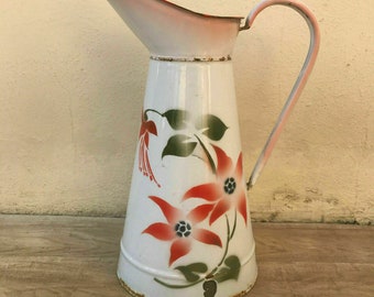 French Enamelware Pitcher White Floral Vintage Water Jug Enameled