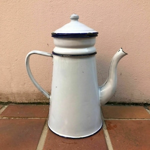 RARE Vintage French Enamelware white and blue Enamel Coffee Pot