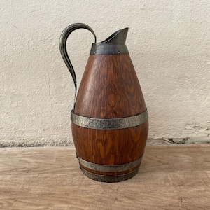 Vintage French Wooden Wine Cider Jug Pitcher Staved Wood Metal 11 1/2&quot; 1303251