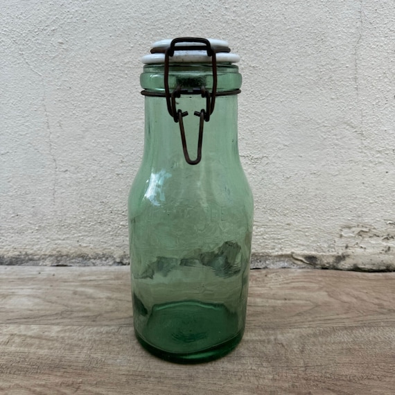 Ancien Bocal L'Ideale 3/4 En Verre Bullé Avec Bouchon Porcelaine – Vintage