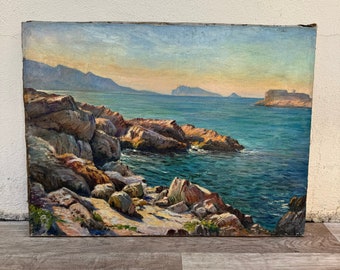 Pintura al óleo de la costa francesa, paisaje marino de la Riviera de Provenza, firmada con el número 07062412.
