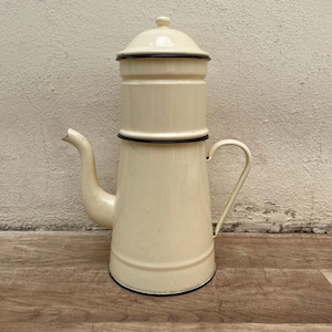 TALL Vintage French Enamelware Enameled Beige Enamel Coffee Pot 18032510