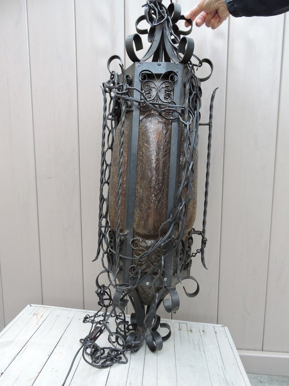 Mediterranean Chandelier Wrought Iron Amber Glass Pendant Light Fixture Vintage Lamp Plug In