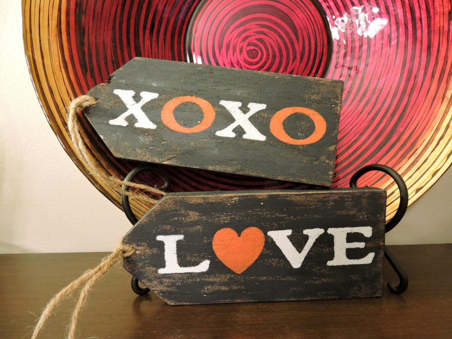Love and XOXO Wood Tags, Valentines Day Wood Tags, Door Sign, Wood
